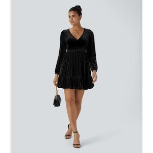 NWT Halara Deep V Neck Long Sleeve Ruffled Hem Velvet Mini Chill Dress Black L